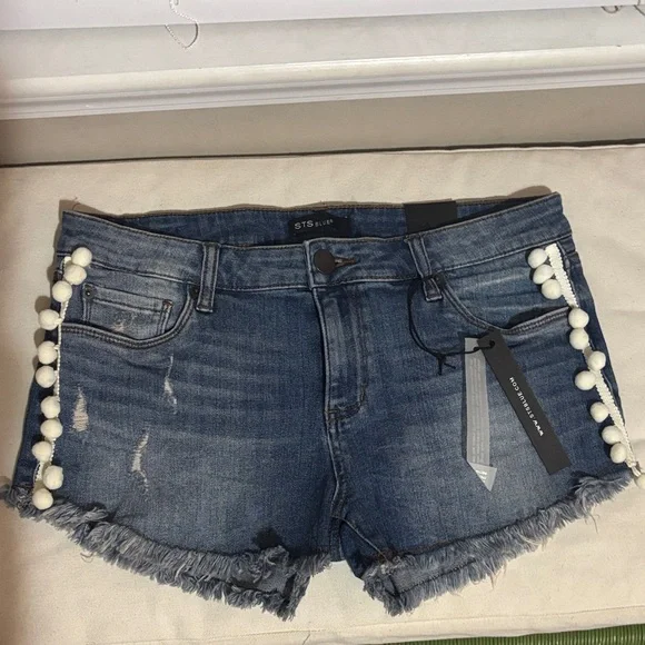 STS Blue Distressed Denim Shorts with Pom-Poms New with tags size 29 - Picture 3 of 10